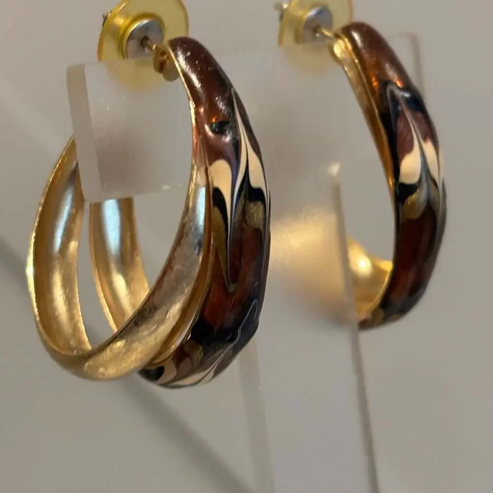 Vintage Gold Tone Earthy Colored Enamel Double Loop Half Hoop Pierced Earrings